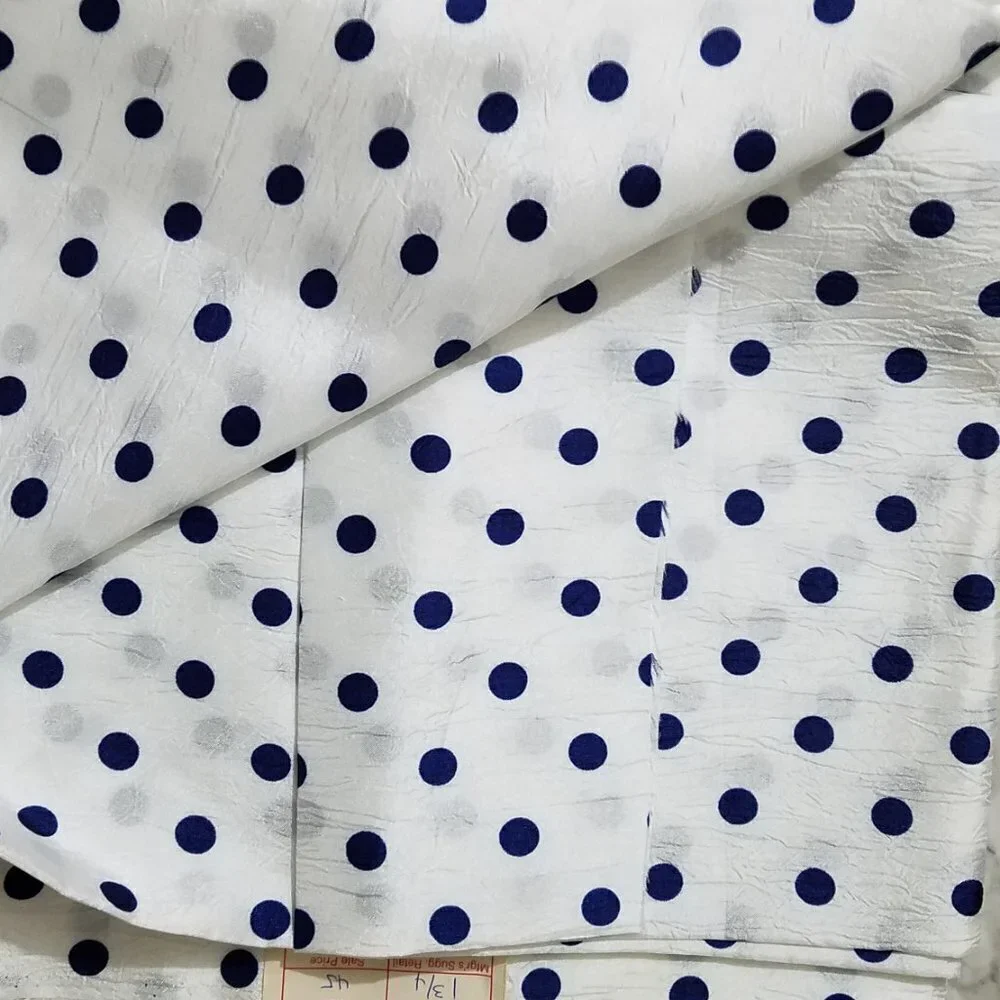 Vintage Polyester Fabric Polka Dots  White Navy 1 3/4 Yards 45